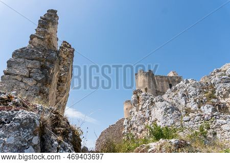 Calascio, Italy-august 9, 2021:particular Of The Ruins Of Rocca Calascio During A Sunny Day