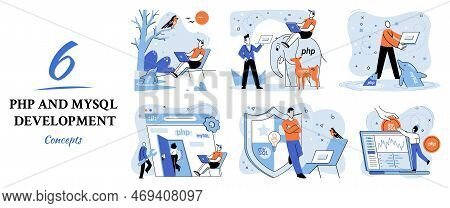 Php And Mysql Development Metaphor. Software Website Developer With Computer, Programmer Service, Op