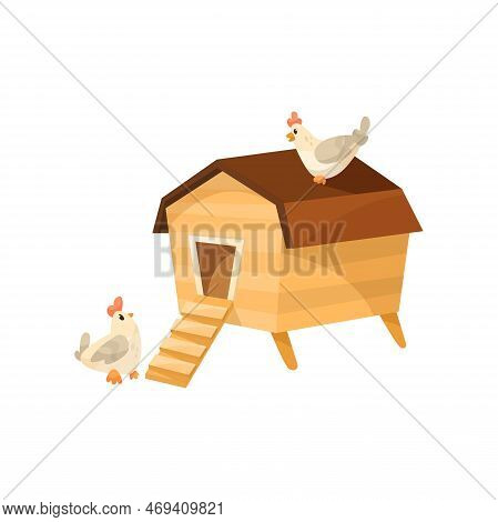Cute Comic Hens And Chicken Coop Vector Illustration. Cartoon Drawing Of Rooster Or Domestic Bird Ch