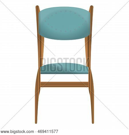 Dark Wood Chair Front View In Realistic Style. Turquoise Seat. Home Wooden Furniture Design. Colorfu