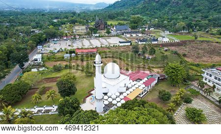 Aerial View Of West Sumatra Grand Mosque. With Modern Architecture With The Concept Of Traditional B