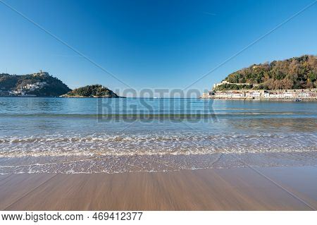 White Sandy La Concha Beach In Central Part Of Donostia Or San Sebastian City, Basque Country, Spain