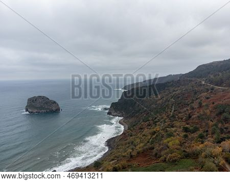 Atlantic Ocean Coastline Near Famous Landmark And Film Location In North Of Spain, Ocean Islet With