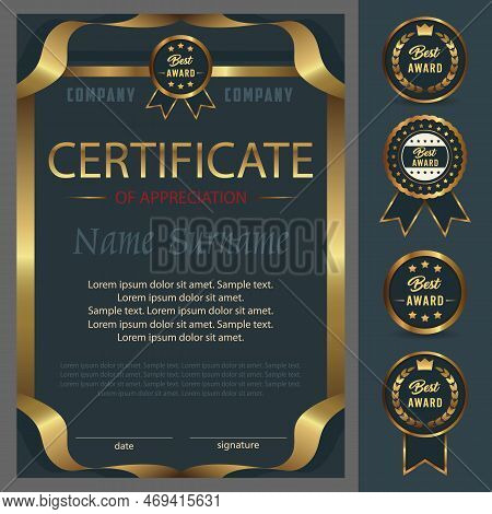 Certificate Of Appreciation, Achievement And Premium Best Award Label With Ribbon. Vertical Template