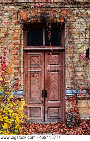 Old Painted Wooden Door With Vines In Autumn, Alytus, Lithuania