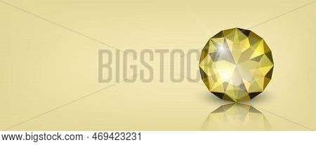 Vector Horizontal Banner With 3d Realistic Yellow Transparent Round Glowing Gemstone, Diamond, Cryst