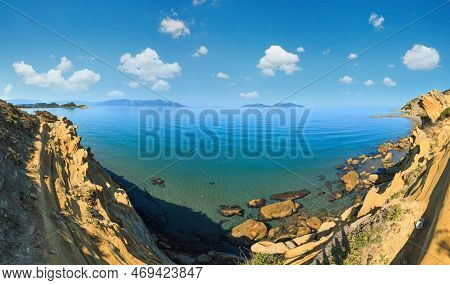 Morning Sea Rocky Coast Landscape (narta Lagoon, Vlore, Albania). Three Shots Stitch Panorama.
