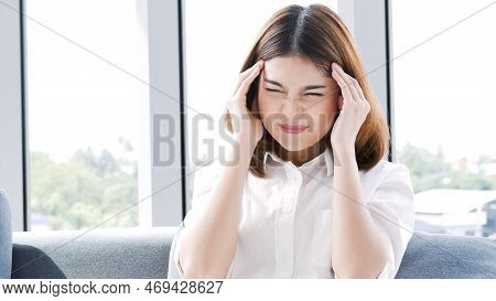 Stress Asian Women Headache Have Migraine Feeling Temples Stressfull Upset Depressed. Strong Headach