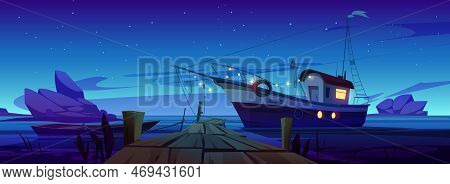 Fishing Boats At Pier In Lake, River Or Sea Harbor. Summer Night Landscape With Dock With Boardwalk,