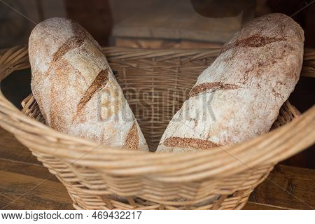 Homemade Bread, Small Bakery, Natural Products. Healthy And Tasty Organic Food. Basket With Various