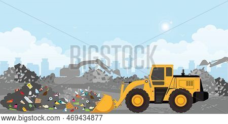 Landscape With Trash Piles City On Background. Bulldozer Driver Manages The Garbage. Plastic Polluti