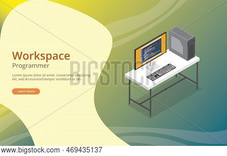Workspace Programmer Or Developer With Coding On Screen Vector Illustration