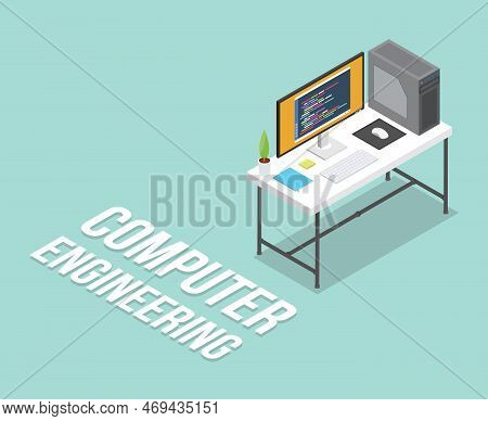 Computer Engineering Isometric Workspace Education With Table Desk And Computer Programming Vector I