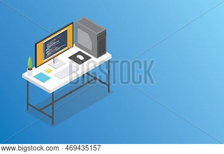 Isometric Workspace With Big Space For Banner Or Free Text Vector Illustration