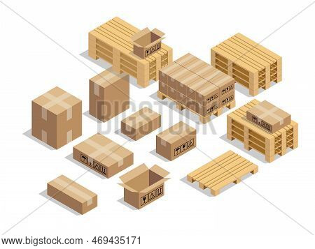 Pallets For Shipment With Cardboard And Isometric Style Design Vector Illustration