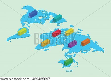 World Wide Shipping With Container Network Business Connected On Top Of World Map Vector Illustratio