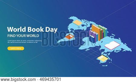 World Book Day Website Banner Design With World Maps And Book Network Across The Worlds Vector Illus