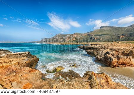 Picturesque Seascape Of Isolidda Beach Near San Vito Cape. Popular Travel Destination Of Monte Cofan