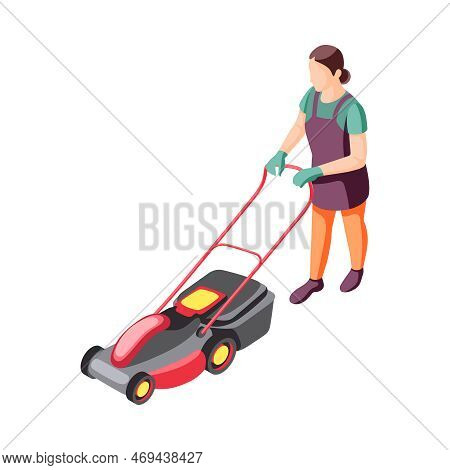 Isometric Female Gardener With Lawn Mower 3d Vector Illustration