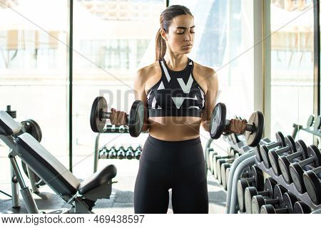 Young Sporty Woman Lifting Dumbbells In Gym. Fitness Girl Working Out With Dumbbells.