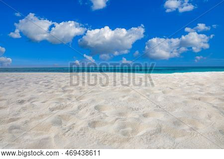 Closeup Sea Sand Beach. Panoramic Beach Landscape. Inspire Tropical Beach Freedom Seascape Horizon. 