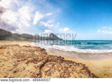 Outstanding Seascape Of Isolidda Beach Near San Vito Cape. Popular Travel Destination Of Monte Cofan