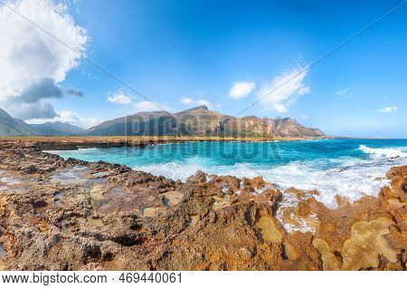 Outstanding Seascape Of Isolidda Beach Near San Vito Cape. Popular Travel Destination Of Monte Cofan