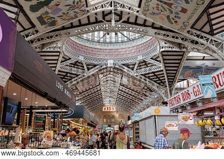Valencia, Spain - July 2022: Interior Spaces, People And Architecture Of The Mercado Central, The Pr