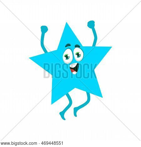Blue Star Character, Basic Math Shape, Cheerful Geometric Figure Personage. Isolated Vector Funny St