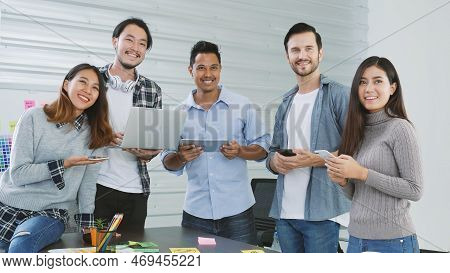 Portrait Group Of Businesspeople Team Partners Smile Happy Look At Camera Together. Multiethnic Team