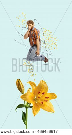 Scared Frightened Young Man Looking At Spring Bloom Flowers. Creative Colorful Design. Modern Art Co