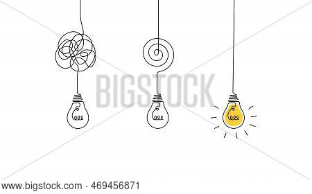One Continuous Line Drawing Of Tangled And Scribble Wires With Light Bulbs. Concept Of Complex Probl