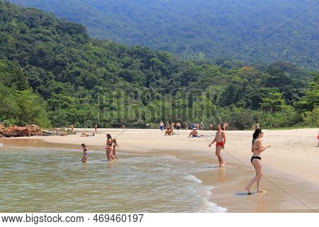 Paraty, Brazil - October 16, 2014: People Visit Trindade Beach In Paraty, State Of Rio De Janeiro In