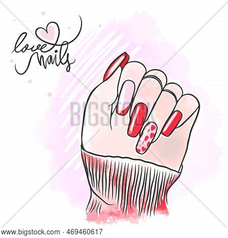 Cute Red Nail Design, Long Nails, Love Nails, Romantic Manicure