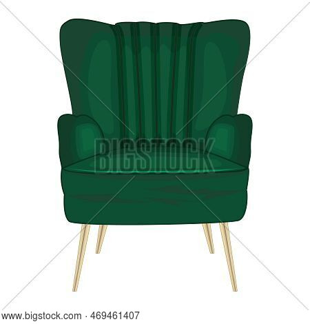 Green Armchair Isolated On  White Background. Soft Armchair With Upholstery. Vintage Cushioned Furni