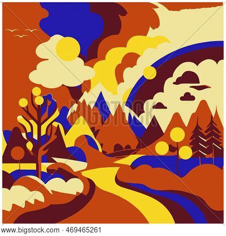 Flat Landscape Illustration In Cartoon Style, Colorful Cartoon Style Landscape Flat Illustration