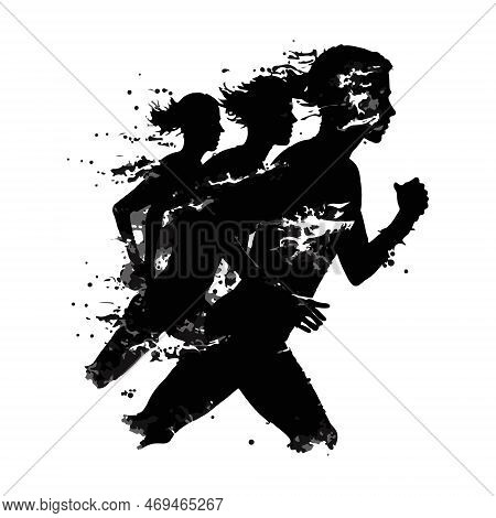 Running People Silhouette With Burning Effect. Silhouette Of A Group Of Running People.