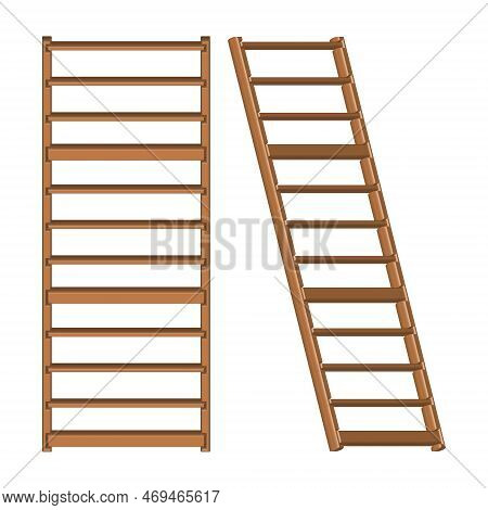 Set Of Realistic 3d Wooden Ladder Vector Illustration. Wood Stair, Stairway, Staircase Vector.