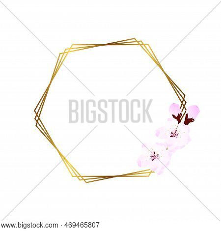 Gold Frame With Soft Pink Flowers. Wedding Invitation Template. Vector Illustration. A Wreath Of Che