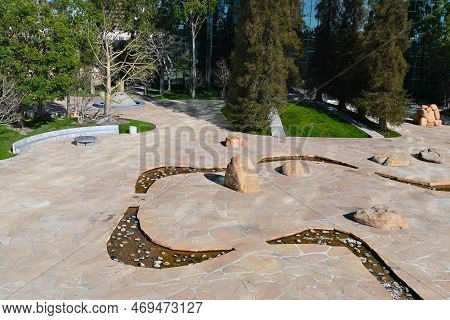 Costa Mesa, California - 24 Jan 2023: High Angle View Of  Noguchi Garden, A Compact, Minimalist Scul