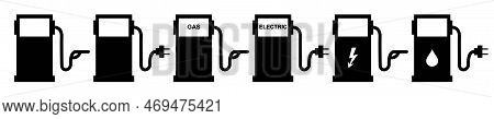 Car Filing Station. Gasoline Car And Electric Car At The Refueling Station. Electrical Cable Plugs W