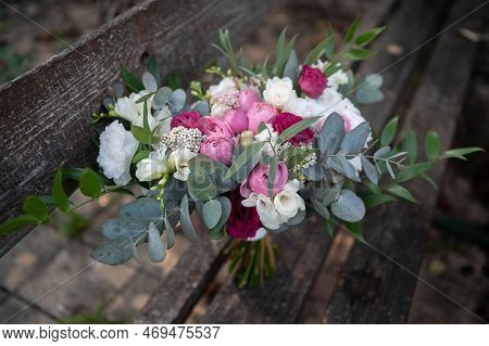 Wedding Bouquet Composed Of Roses, Ozothamnus, Freesia And Eucalyptus. Pink Bridal Bouquet. Wedding 
