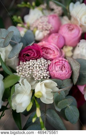 Wedding Bouquet Composed Of Roses, Ozothamnus, Freesia And Eucalyptus. Pink Bridal Bouquet. Wedding 