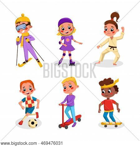 Happy Children Playing Sport And Doing Physical Activity Vector Set