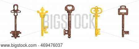 Golden And Copper Key As Device For Closing And Opening Door Vector Set
