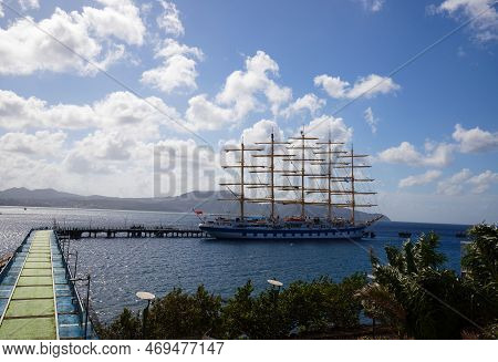 The View Of Ancient Five -mast Clipper Ship In Caribbean Sea, Martinique Island.