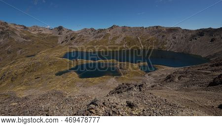 Scenic Mountain Panorama Of Idyllic Alpine Angelus Hut On Lake Shore In Nelson Lakes National Park T