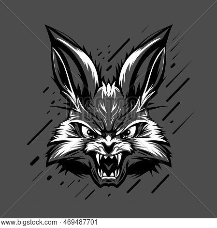 Angry Furious Rabbit Rabbit With Burning Eyes, Black And White Logo. Vector Illustration