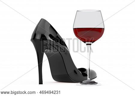 Black High Heels Wooman Shooes With Red Wine Glass On A White Background. 3d Rendering
