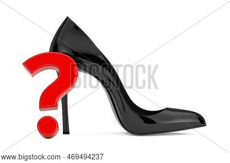 Black High Heels Wooman Shooes With Red Question Mark On A White Background. 3d Rendering